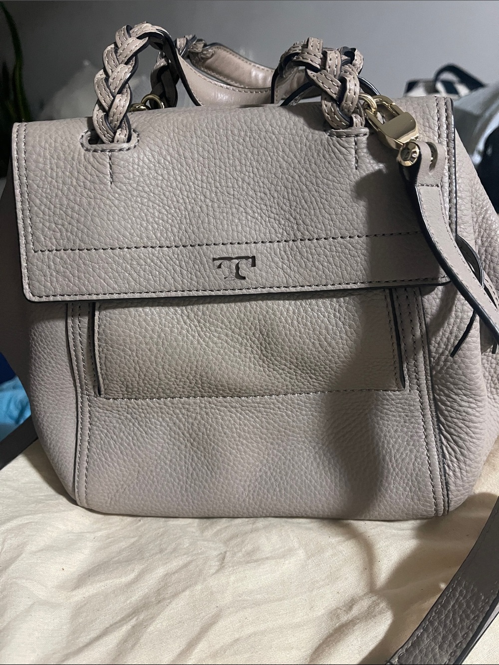 Tory Burch Pebbled Leather Mini Satchel in Light Beige